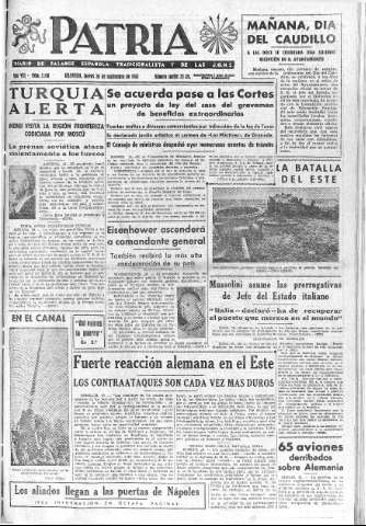 'Patria  : diario de Falange Española Tradicionalista y de las J.O.N.S.' - Año VIII Número 2130  - 1943 Septiembre 30
