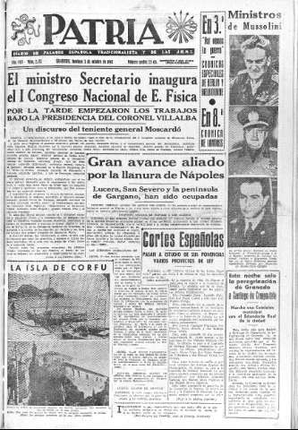 'Patria  : diario de Falange Española Tradicionalista y de las J.O.N.S.' - Año VIII Número 2133  - 1943 Octubre 03