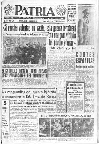 'Patria  : diario de Falange Española Tradicionalista y de las J.O.N.S.' - Año VIII Número 2138  - 1943 Octubre 09