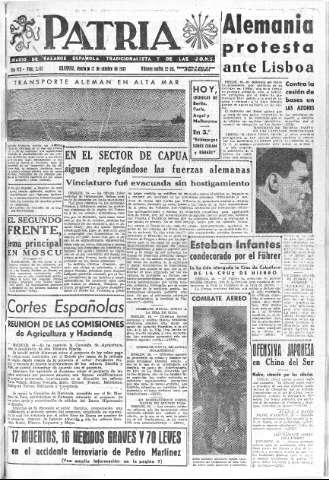 'Patria  : diario de Falange Española Tradicionalista y de las J.O.N.S.' - Año VIII Número 2145  - 1943 Octubre 17