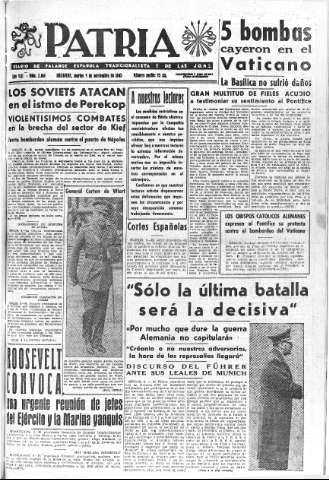 'Patria  : diario de Falange Española Tradicionalista y de las J.O.N.S.' - Año VIII Número 2164  - 1943 Noviembre 09