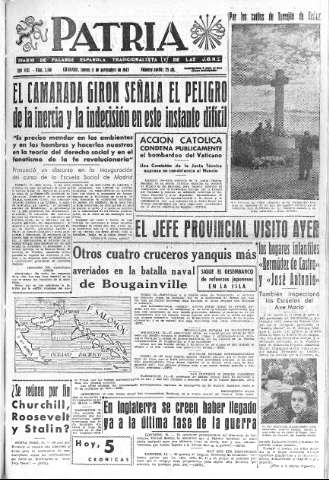 'Patria  : diario de Falange Española Tradicionalista y de las J.O.N.S.' - Año VIII Número 2166  - 1943 Noviembre 11
