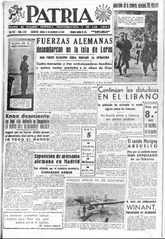 'Patria  : diario de Falange Española Tradicionalista y de las J.O.N.S.' - Año VIII Número 2168  - 1943 Noviembre 13