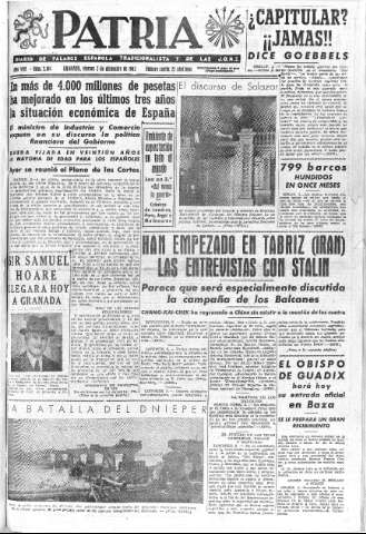 'Patria  : diario de Falange Española Tradicionalista y de las J.O.N.S.' - Año VIII Número 2185  - 1943 Diciembre 03