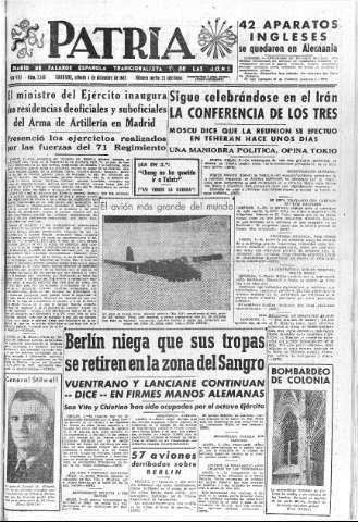 'Patria  : diario de Falange Española Tradicionalista y de las J.O.N.S.' - Año VIII Número 2186  - 1943 Diciembre 04