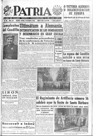 'Patria  : diario de Falange Española Tradicionalista y de las J.O.N.S.' - Año VIII Número 2187  - 1943 Diciembre 05