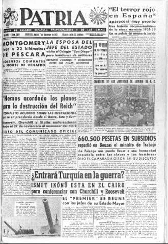 'Patria  : diario de Falange Española Tradicionalista y de las J.O.N.S.' - Año VIII Número 2188  - 1943 Diciembre 07