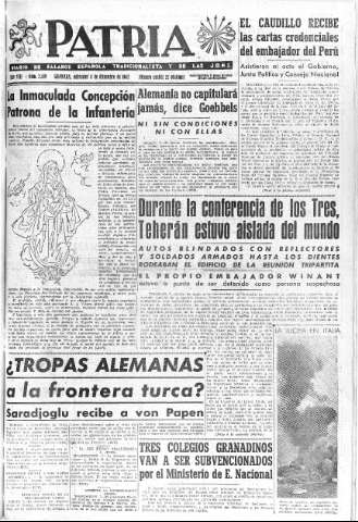'Patria  : diario de Falange Española Tradicionalista y de las J.O.N.S.' - Año VIII Número 2189  - 1943 Diciembre 08