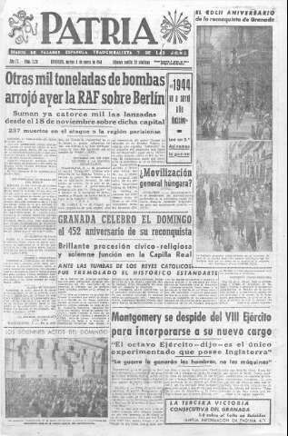 'Patria  : diario de Falange Española Tradicionalista y de las J.O.N.S.' - Año IX Número 2211  - 1944 Enero 04