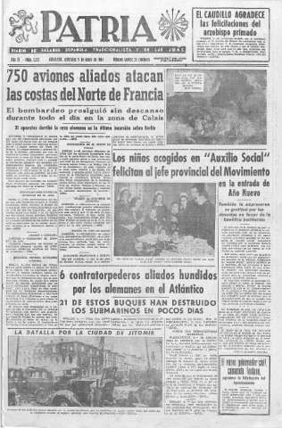 'Patria  : diario de Falange Española Tradicionalista y de las J.O.N.S.' - Año IX Número 2212  - 1944 Enero 05