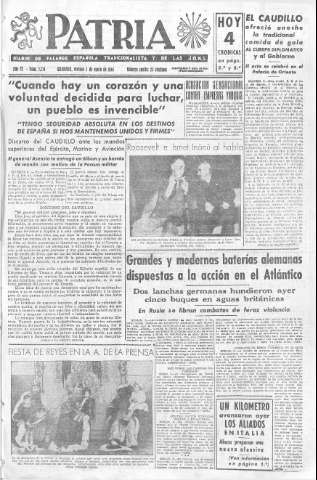 'Patria  : diario de Falange Española Tradicionalista y de las J.O.N.S.' - Año IX Número 2214  - 1944 Enero 07