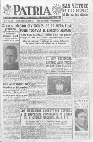 'Patria  : diario de Falange Española Tradicionalista y de las J.O.N.S.' - Año IX Número 2216  - 1944 Enero 09