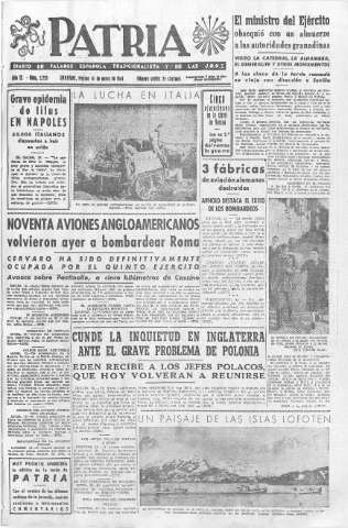 'Patria  : diario de Falange Española Tradicionalista y de las J.O.N.S.' - Año IX Número 2220  - 1944 Enero 14