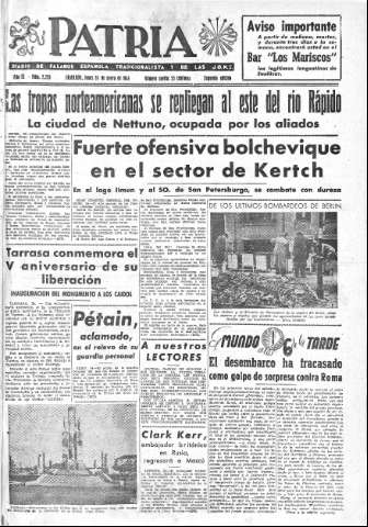 'Patria  : diario de Falange Española Tradicionalista y de las J.O.N.S.' - Año IX Número 2228 2ª ed. - 1944 Enero 24