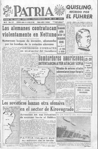 'Patria  : diario de Falange Española Tradicionalista y de las J.O.N.S.' - Año IX Número 2229  - 1944 Enero 25