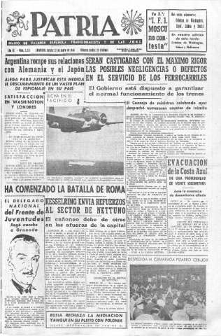 'Patria  : diario de Falange Española Tradicionalista y de las J.O.N.S.' - Año IX Número 2231  - 1944 Enero 27