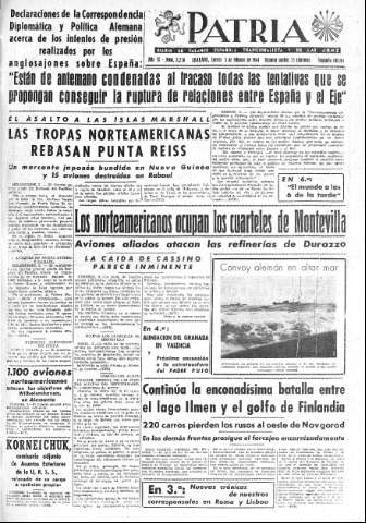 'Patria  : diario de Falange Española Tradicionalista y de las J.O.N.S.' - Año IX Número 2238 2ª ed. - 1944 Febrero 03