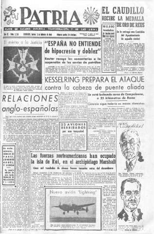 'Patria  : diario de Falange Española Tradicionalista y de las J.O.N.S.' - Año IX Número 2238  - 1944 Febrero 03