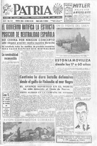 'Patria  : diario de Falange Española Tradicionalista y de las J.O.N.S.' - Año IX Número 2239  - 1944 Febrero 04