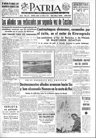 'Patria  : diario de Falange Española Tradicionalista y de las J.O.N.S.' - Año IX Número 2240 2ª ed. - 1944 Febrero 05