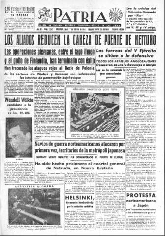 'Patria  : diario de Falange Española Tradicionalista y de las J.O.N.S.' - Año IX Número 2242 2ª ed. - 1944 Febrero 07