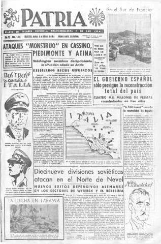 'Patria  : diario de Falange Española Tradicionalista y de las J.O.N.S.' - Año IX Número 2244  - 1944 Febrero 08