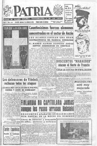 'Patria  : diario de Falange Española Tradicionalista y de las J.O.N.S.' - Año IX Número 2244  - 1944 Febrero 09