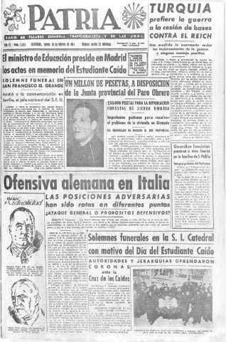 'Patria  : diario de Falange Española Tradicionalista y de las J.O.N.S.' - Año IX Número 2245  - 1944 Febrero 10