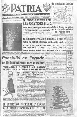 'Patria  : diario de Falange Española Tradicionalista y de las J.O.N.S.' - Año IX Número 2248  - 1944 Febrero 13