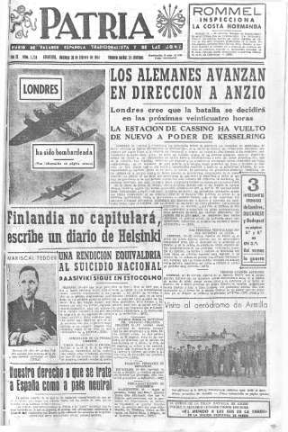 'Patria  : diario de Falange Española Tradicionalista y de las J.O.N.S.' - Año IX Número 2254  - 1944 Febrero 20