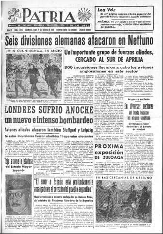 'Patria  : diario de Falange Española Tradicionalista y de las J.O.N.S.' - Año IX Número 2254 2ª ed. - 1944 Febrero 21