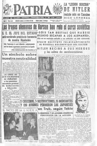 'Patria  : diario de Falange Española Tradicionalista y de las J.O.N.S.' - Año IX Número 2255  - 1944 Febrero 22