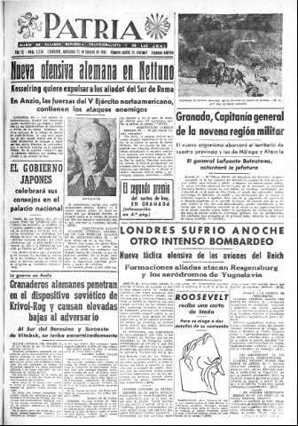 'Patria  : diario de Falange Española Tradicionalista y de las J.O.N.S.' - Año IX Número 2256 2ª ed. - 1944 Febrero 23