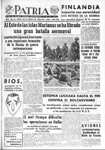 'Patria  : diario de Falange Española Tradicionalista y de las J.O.N.S.' - Año IX Número 2261 2ª ed. - 1944 Febrero 28