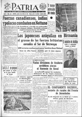 'Patria  : diario de Falange Española Tradicionalista y de las J.O.N.S.' - Año IX Número 2261 2ª ed. - 1944 Febrero 29