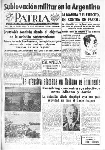 'Patria  : diario de Falange Española Tradicionalista y de las J.O.N.S.' - Año IX Número 2262 2ª ed. - 1944 Marzo 01