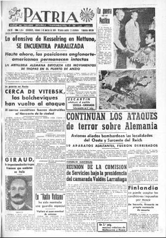 'Patria  : diario de Falange Española Tradicionalista y de las J.O.N.S.' - Año IX Número 2264 2ª ed. - 1944 Marzo 03