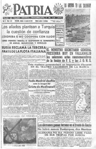 'Patria  : diario de Falange Española Tradicionalista y de las J.O.N.S.' - Año IX Número 2265  - 1944 Marzo 04