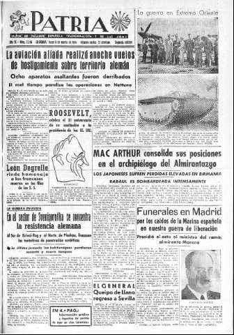 'Patria  : diario de Falange Española Tradicionalista y de las J.O.N.S.' - Año IX Número 2266 2ª ed. - 1944 Marzo 06
