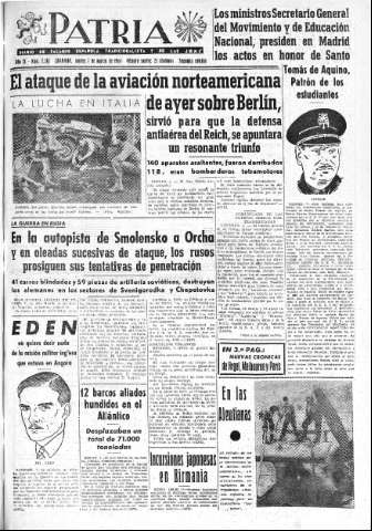 'Patria  : diario de Falange Española Tradicionalista y de las J.O.N.S.' - Año IX Número 2267 2ª ed. - 1944 Marzo 07