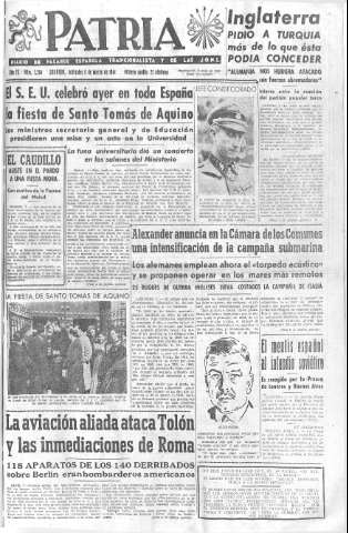 'Patria  : diario de Falange Española Tradicionalista y de las J.O.N.S.' - Año IX Número 2268  - 1944 Marzo 08