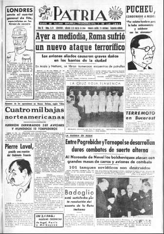 'Patria  : diario de Falange Española Tradicionalista y de las J.O.N.S.' - Año IX Número 2271 2ª ed. - 1944 Marzo 11