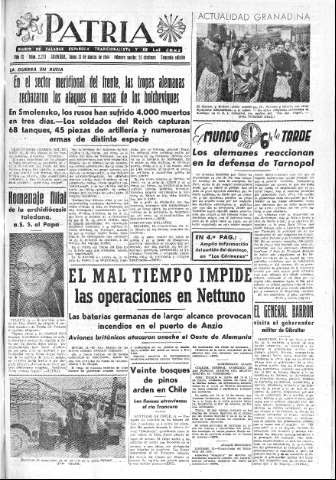 'Patria  : diario de Falange Española Tradicionalista y de las J.O.N.S.' - Año IX Número 2273 2ª ed. - 1944 Marzo 13