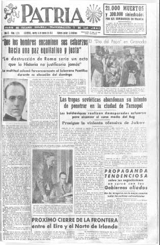 'Patria  : diario de Falange Española Tradicionalista y de las J.O.N.S.' - Año IX Número 2274  - 1944 Marzo 14