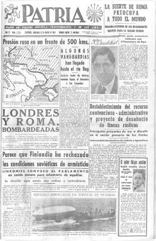 'Patria  : diario de Falange Española Tradicionalista y de las J.O.N.S.' - Año IX Número 2275  - 1944 Marzo 15