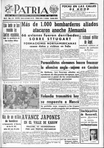 'Patria  : diario de Falange Española Tradicionalista y de las J.O.N.S.' - Año IX Número 2276 2ª ed. - 1944 Marzo 16