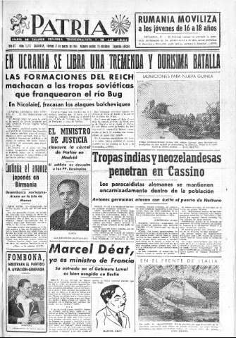 'Patria  : diario de Falange Española Tradicionalista y de las J.O.N.S.' - Año IX Número 2277 2ª ed. - 1944 Marzo 17