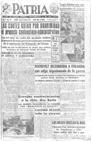 'Patria  : diario de Falange Española Tradicionalista y de las J.O.N.S.' - Año IX Número 2277  - 1944 Marzo 17
