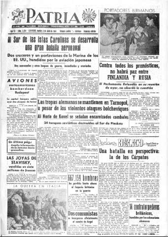 'Patria  : diario de Falange Española Tradicionalista y de las J.O.N.S.' - Año IX Número 2294 2ª ed. - 1944 Abril 04