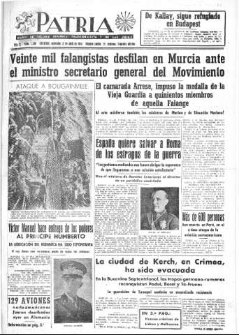 'Patria  : diario de Falange Española Tradicionalista y de las J.O.N.S.' - Año IX Número 2300 2ª ed. - 1944 Abril 12